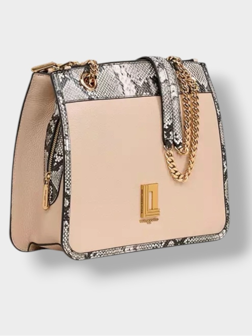 Karl Lagerfeld 🪢 Blush Pink Shoulder Bag with Snake-Print Trim and Gold Chain